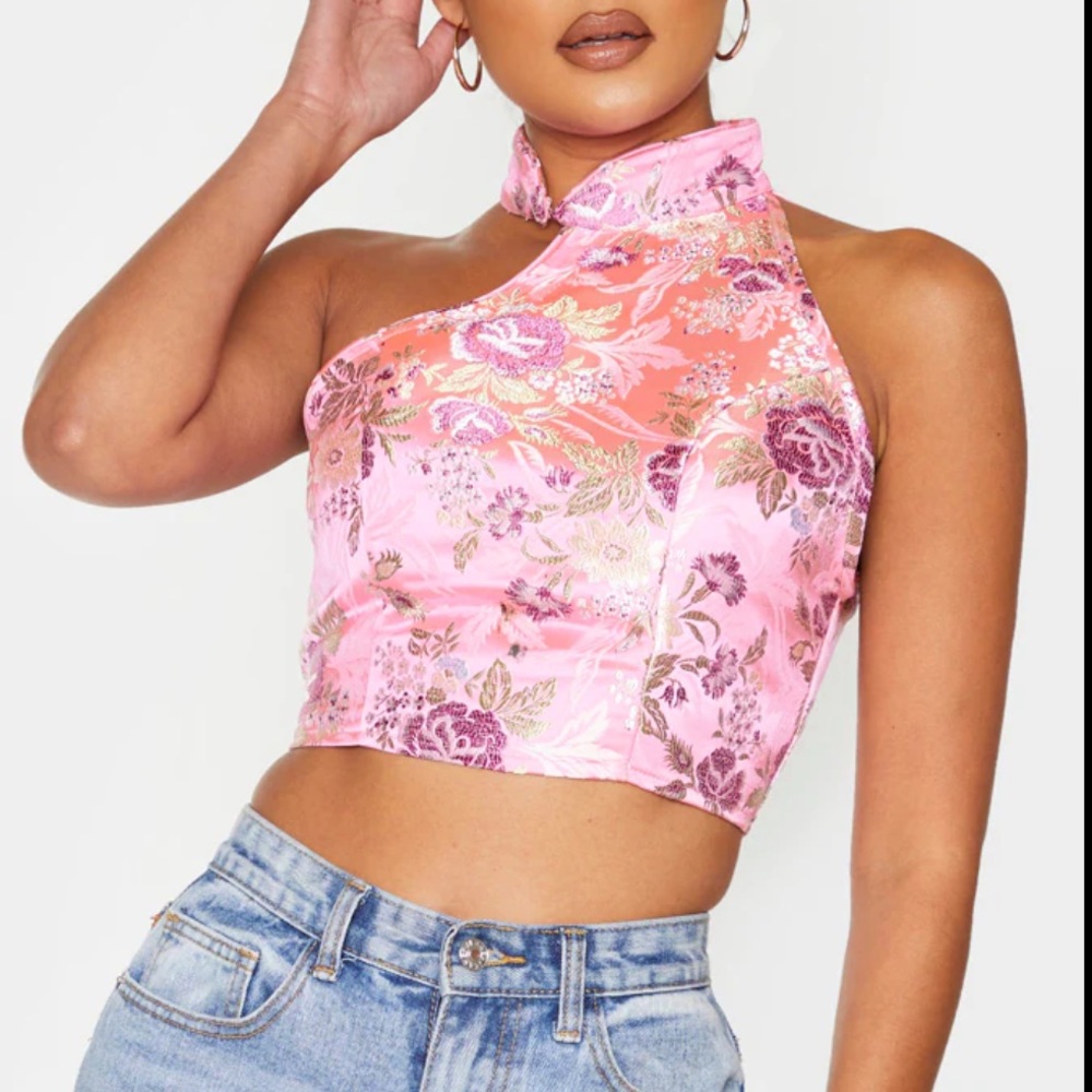 Pretty Little Thing light pink satin oriental high neck asymmetric crop top